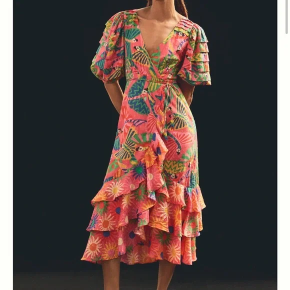 Farm Rio Macaw Ruffled Wrap Dress size Small - Picture 2 of 8